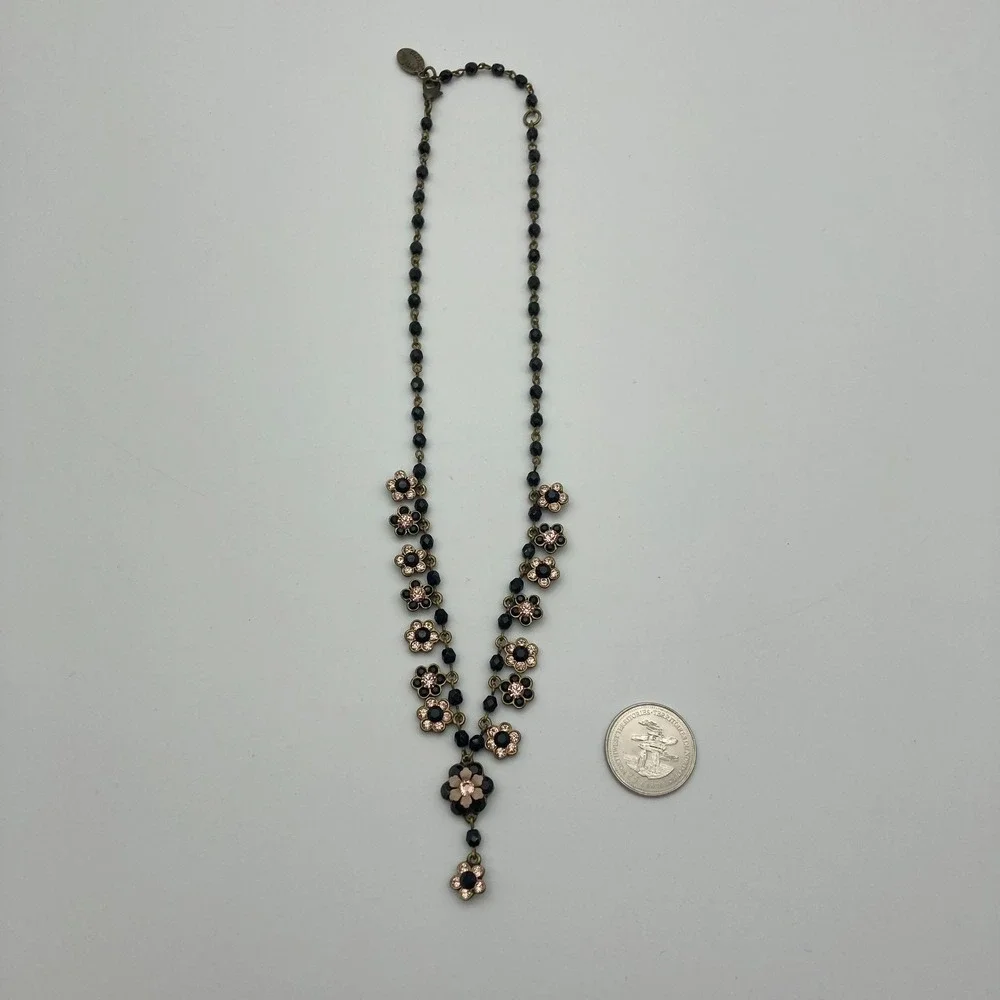 Vtg Michal Negrin Black Pink Beaded Floral Daisy Chain Choker Crystal Accents - Picture 7 of 9